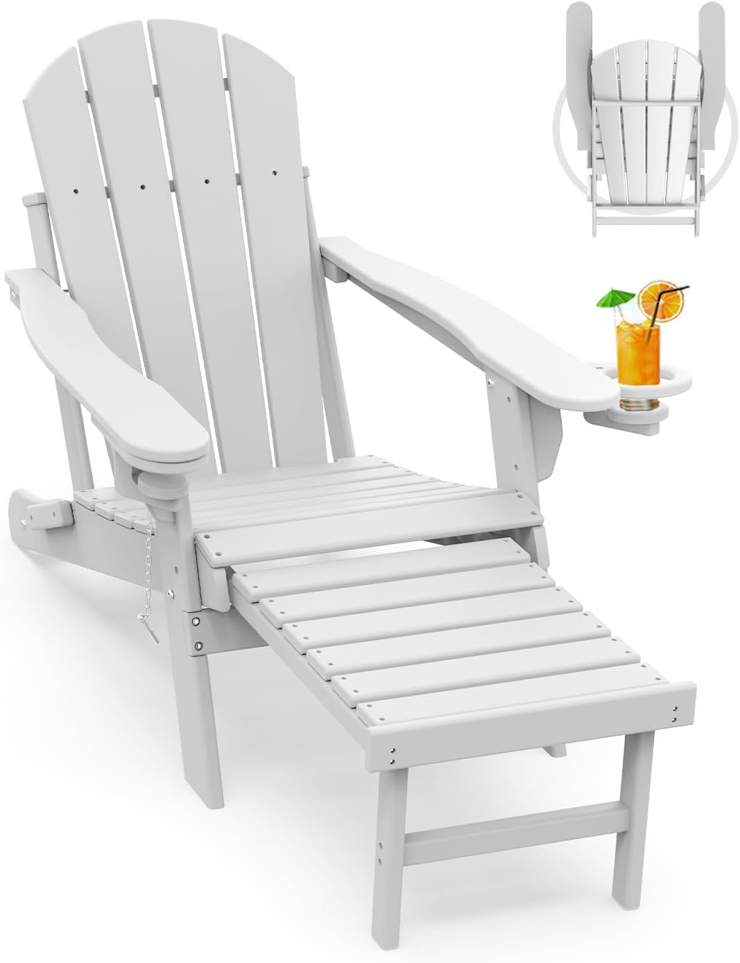 GREENVINES Adirondack-Chairs-with-Ottoman | Set of 2 | Folding | Retractable-Footrest | HDPE Plastic | All Weather Fire Pit Chair | Cup Holders | Blue | for Outdoor Poolside
