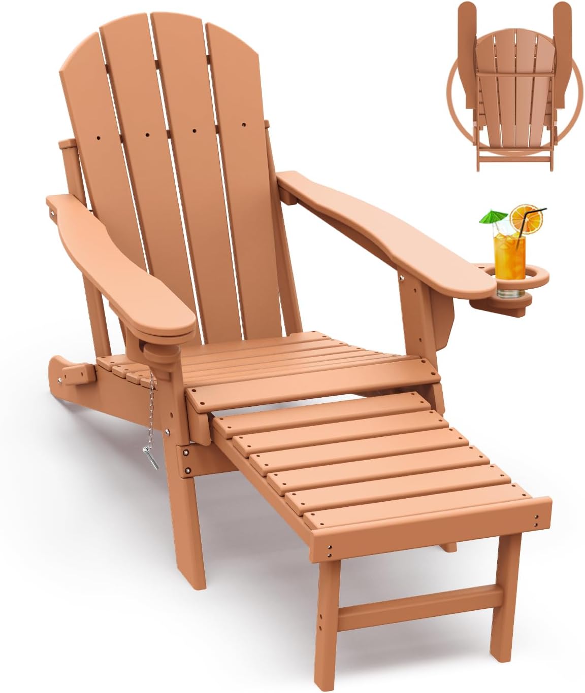 GREENVINES Adirondack-Chairs-with-Ottoman | Set of 2 | Folding | Retractable-Footrest | HDPE Plastic | All Weather Fire Pit Chair | Cup Holders | Blue | for Outdoor Poolside