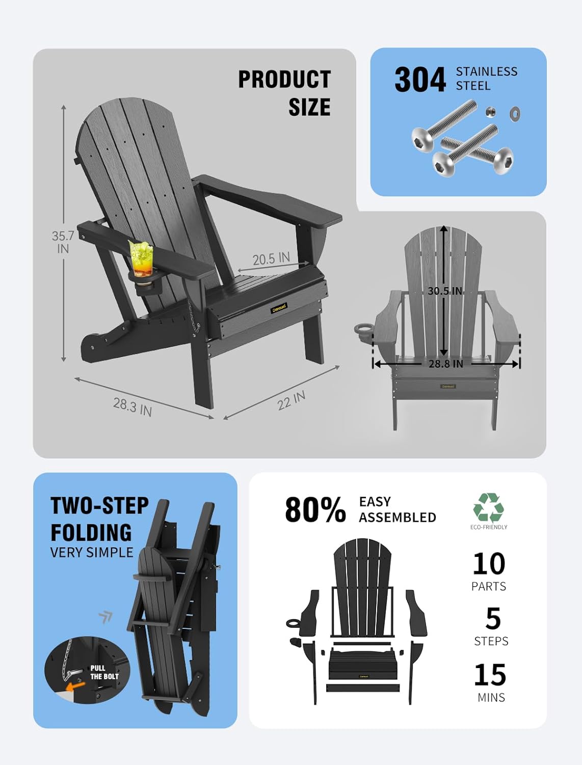 Plastic HDPE Adirondack Chair, Folding Adirondack Chair Weather Resistant with Cup Holder, Wooden Textured Fire Pit Outdoor Chair for Garden, Porch, Lawn, Backyard, Supports 380LBS, Black