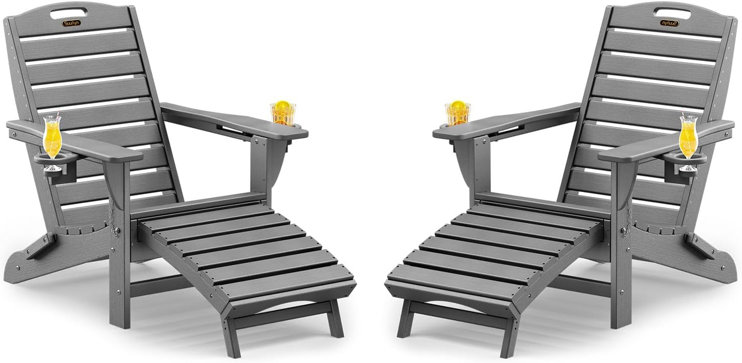Folding Adirondack Chair with Retractable Ottoman Weather Resistant Fire Pit Chair Patio Chair with 2 Cup Holder Lawn Outdoor Lounge Chairs (Grey)