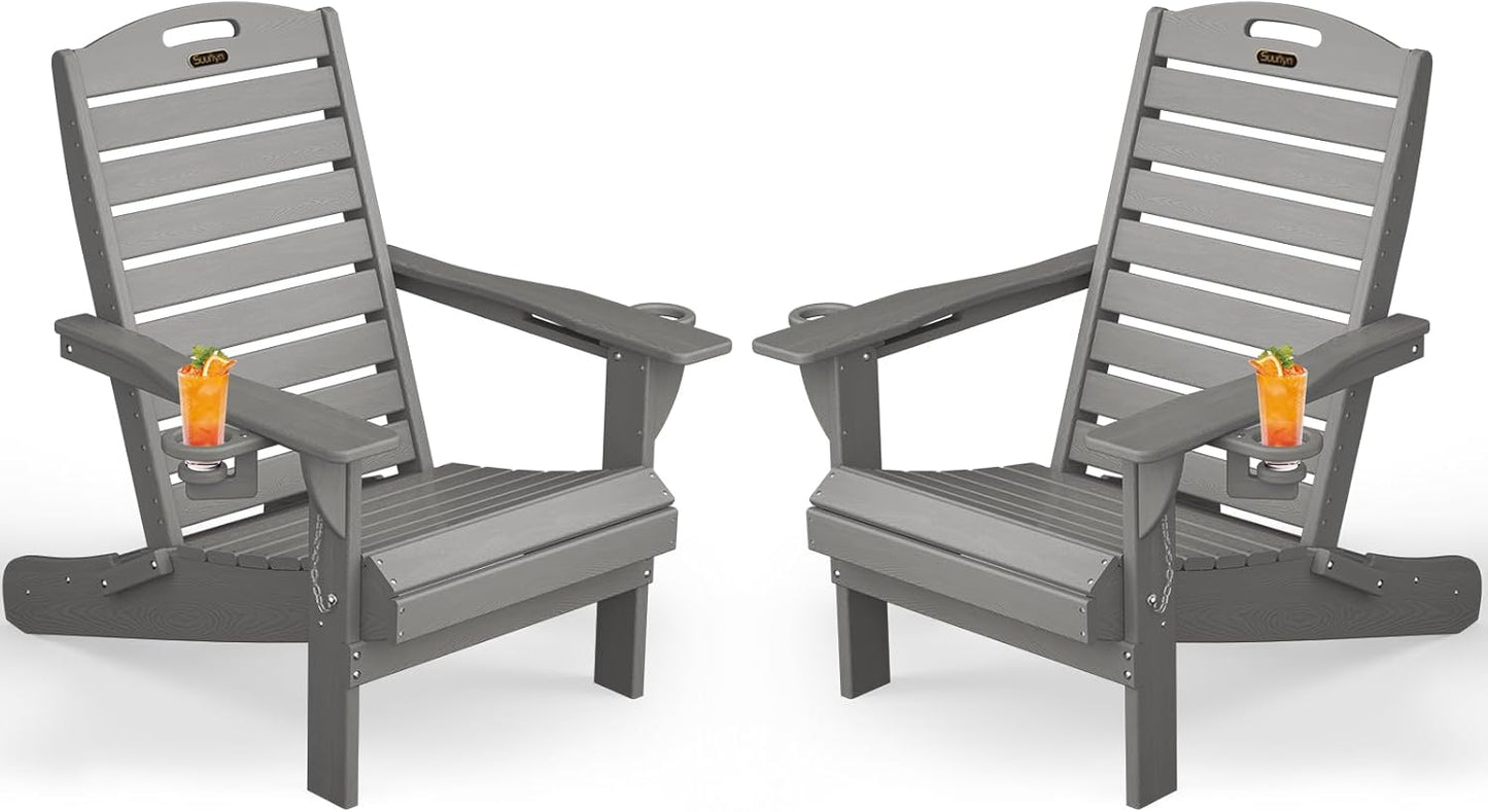 Adirondack Chair Folding HDPE Adirondack Chairs with Cup Holder, Outdoor Fire Pit Chairs All-Weather Lawn Chair for Deck Patio Garden (Grey)