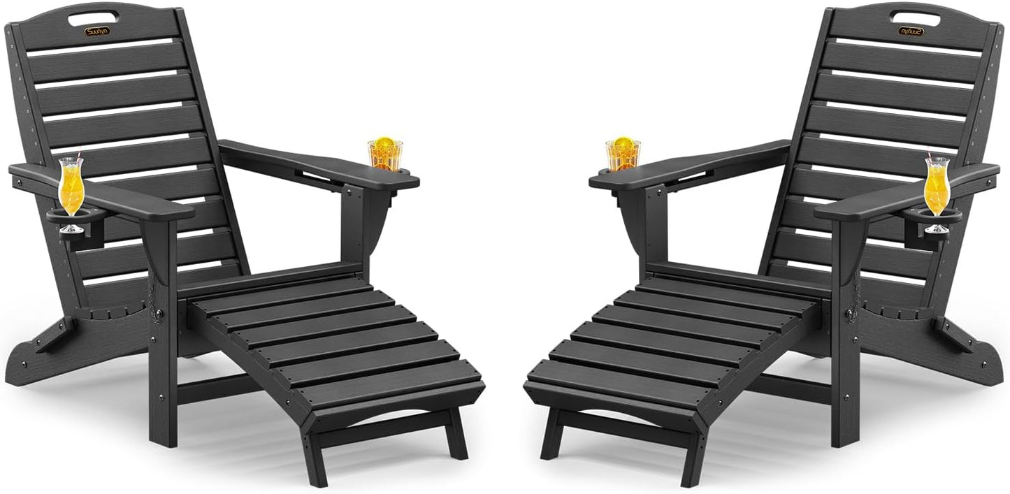 Folding Adirondack Chair with Retractable Ottoman Weather Resistant Fire Pit Chair Patio Chair with 2 Cup Holder Lawn Outdoor Lounge Chairs (Grey)