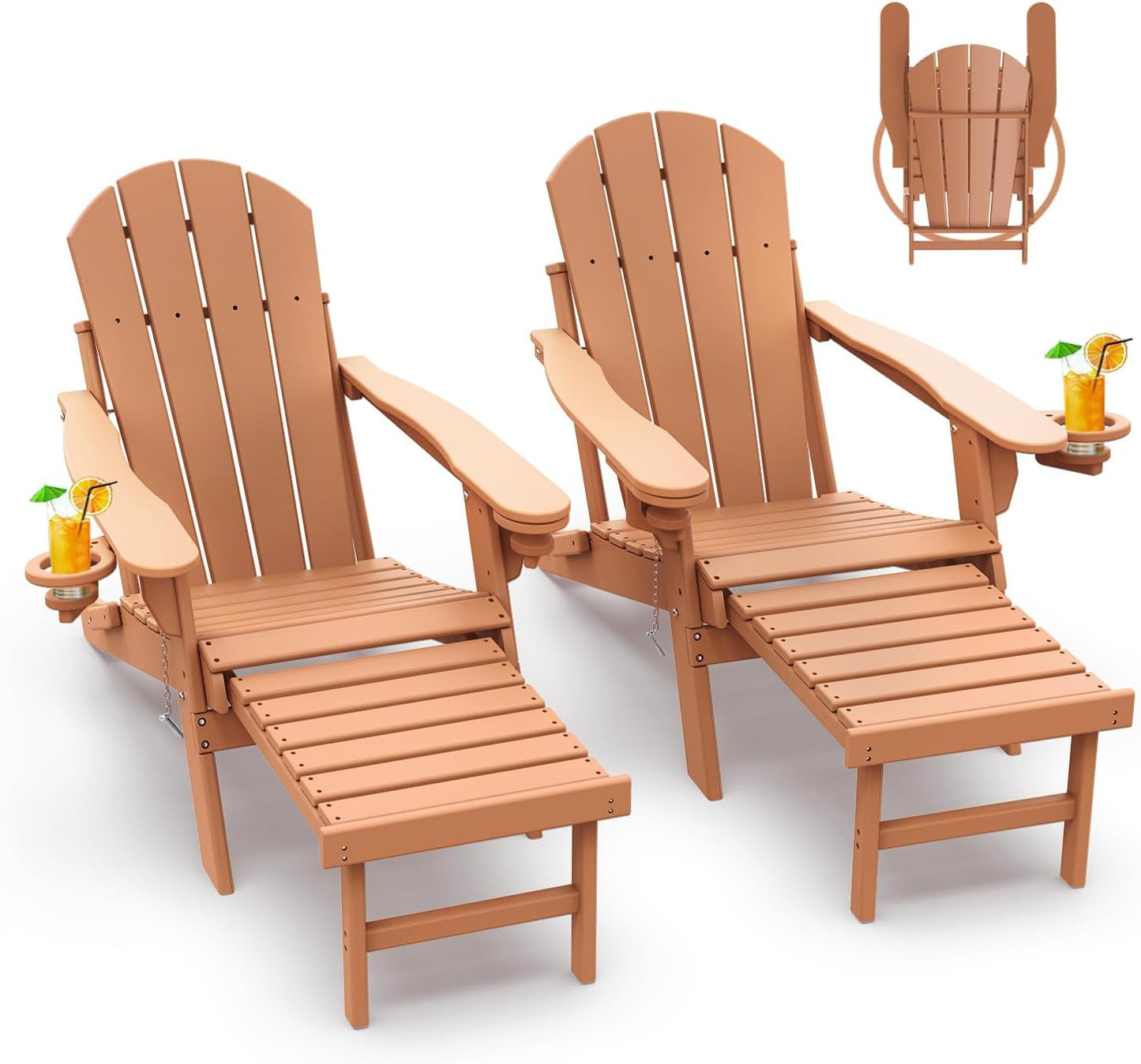 GREENVINES Adirondack-Chairs-with-Ottoman | Set of 2 | Folding | Retractable-Footrest | HDPE Plastic | All Weather Fire Pit Chair | Cup Holders | Blue | for Outdoor Poolside