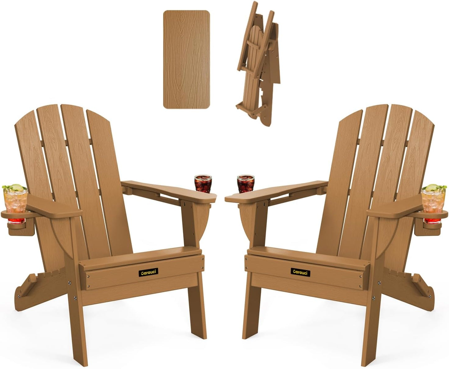 Plastic HDPE Adirondack Chair, Folding Adirondack Chair Weather Resistant with Cup Holder, Wooden Textured Fire Pit Outdoor Chair for Garden, Porch, Lawn, Backyard, Supports 380LBS, Black