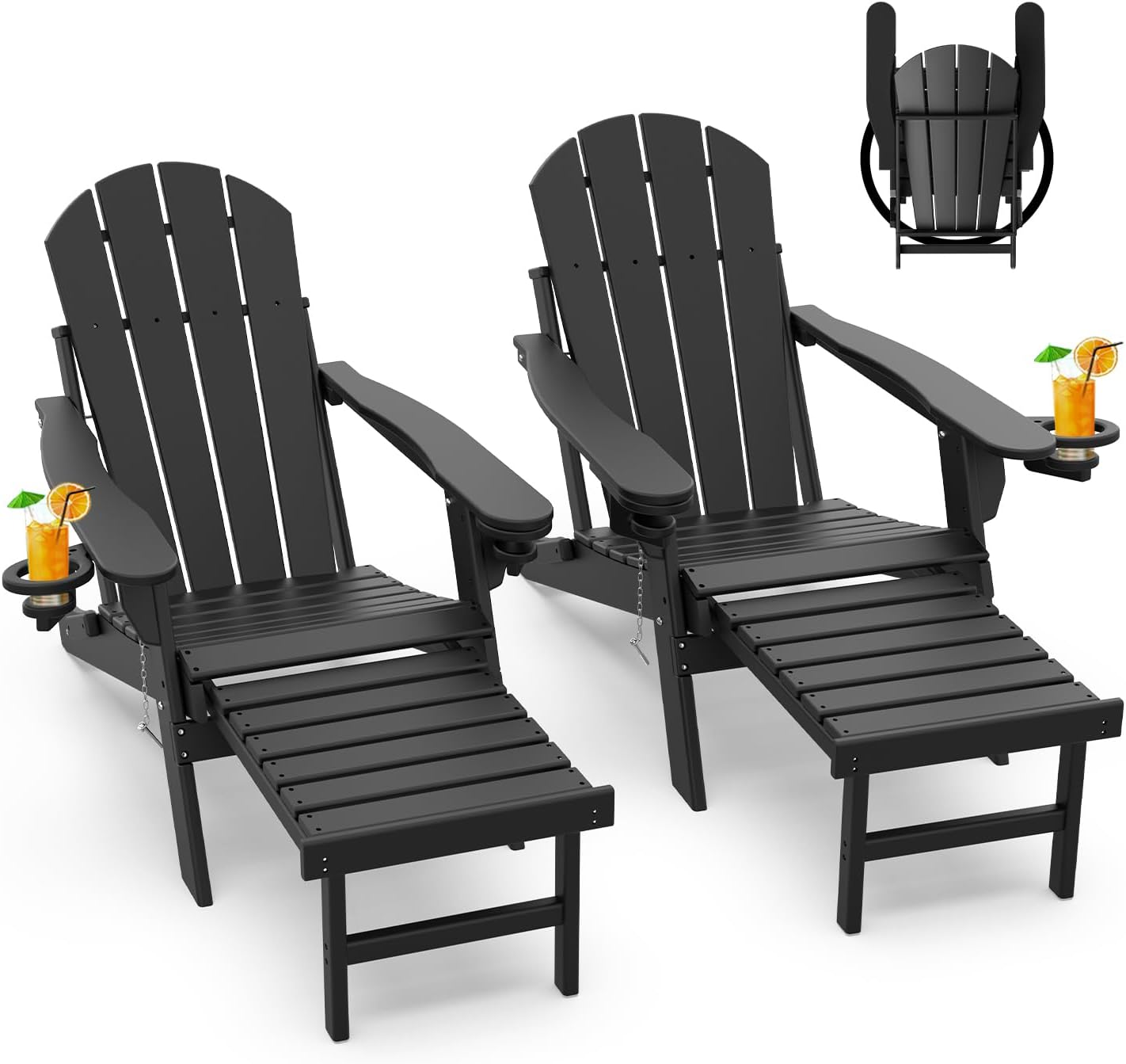 GREENVINES Adirondack-Chairs-with-Ottoman | Set of 2 | Folding | Retractable-Footrest | HDPE Plastic | All Weather Fire Pit Chair | Cup Holders | Blue | for Outdoor Poolside