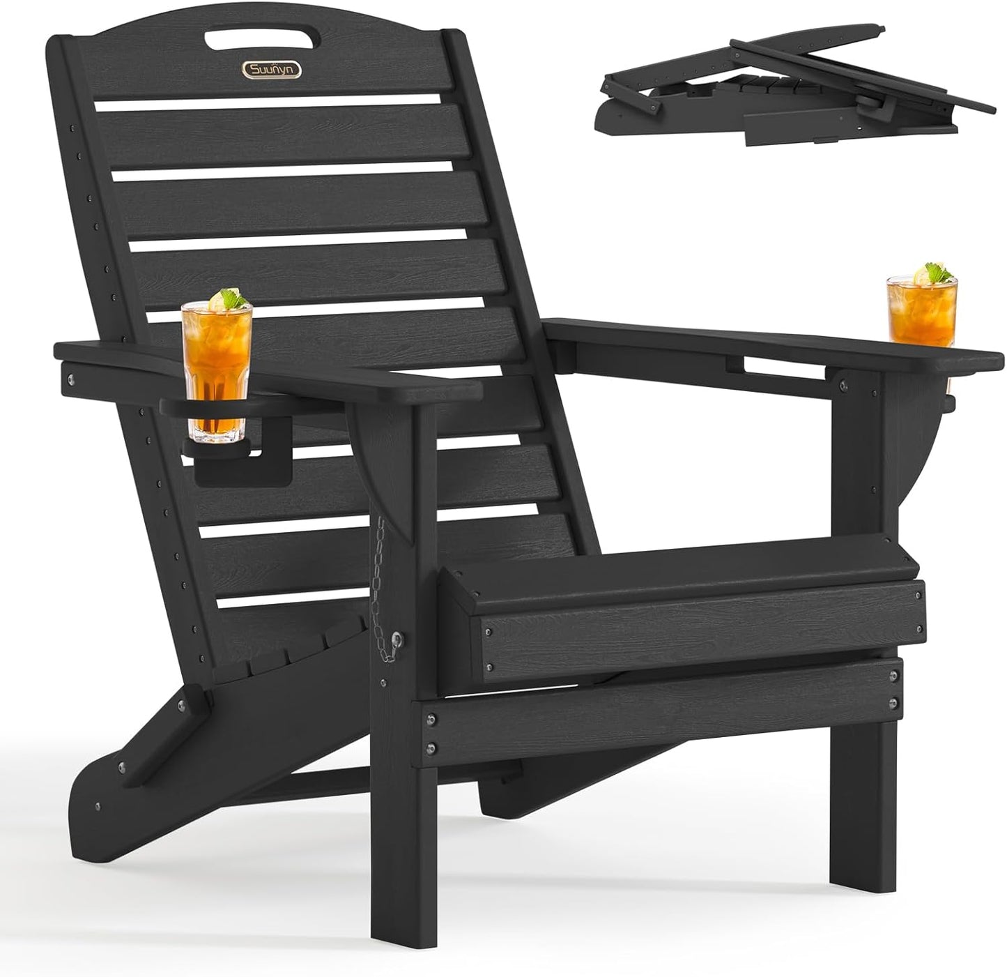 Adirondack Chair Folding HDPE Adirondack Chairs with Cup Holder, Outdoor Fire Pit Chairs All-Weather Lawn Chair for Deck Patio Garden (Grey)