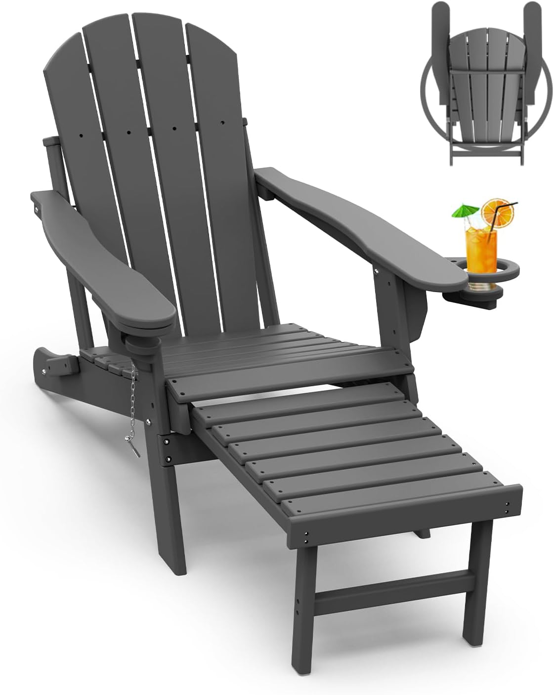 GREENVINES Adirondack-Chairs-with-Ottoman | Set of 2 | Folding | Retractable-Footrest | HDPE Plastic | All Weather Fire Pit Chair | Cup Holders | Blue | for Outdoor Poolside