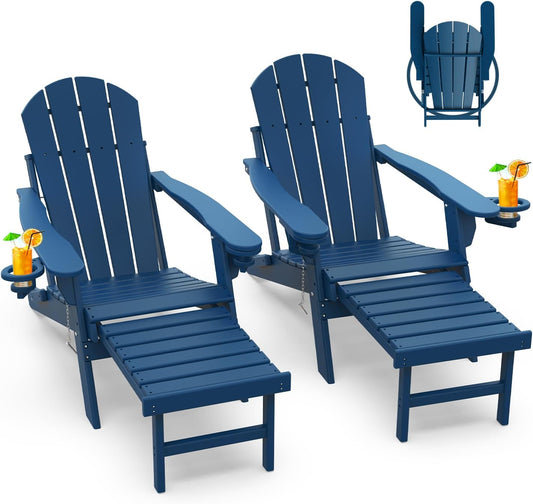 GREENVINES Adirondack-Chairs-with-Ottoman | Set of 2 | Folding | Retractable-Footrest | HDPE Plastic | All Weather Fire Pit Chair | Cup Holders | Blue | for Outdoor Poolside