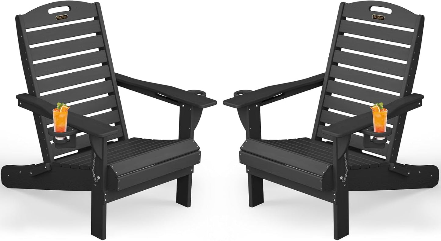 Adirondack Chair Folding HDPE Adirondack Chairs with Cup Holder, Outdoor Fire Pit Chairs All-Weather Lawn Chair for Deck Patio Garden (Grey)