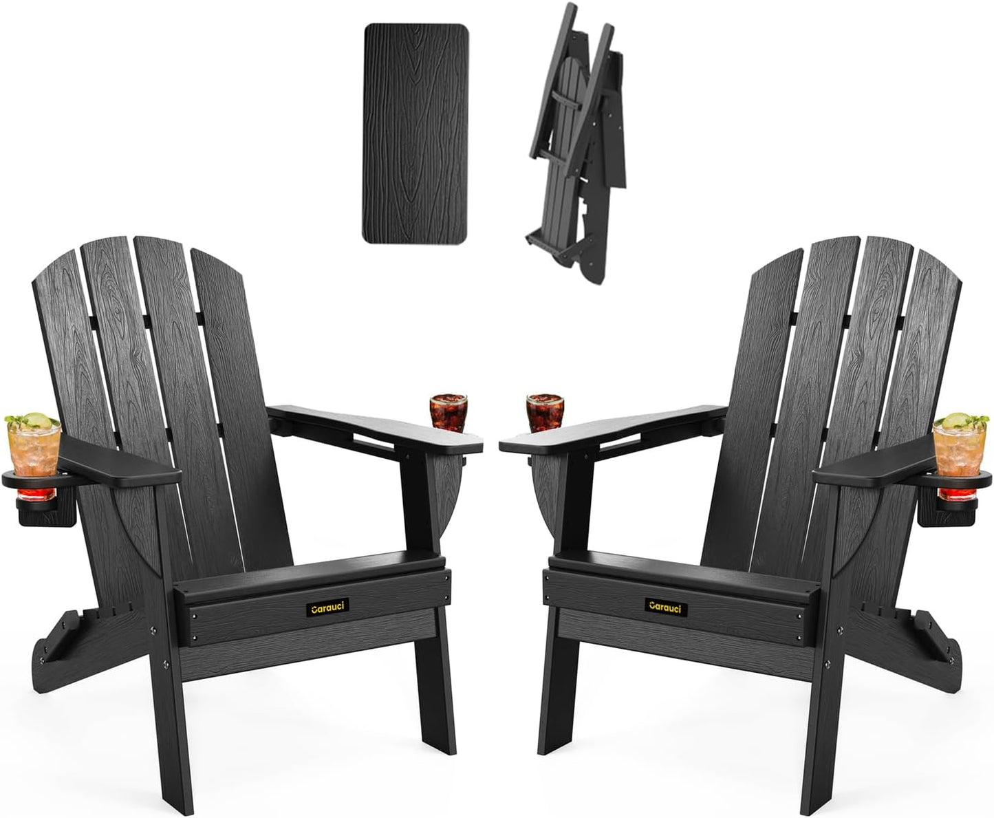 Plastic HDPE Adirondack Chair, Folding Adirondack Chair Weather Resistant with Cup Holder, Wooden Textured Fire Pit Outdoor Chair for Garden, Porch, Lawn, Backyard, Supports 380LBS, Black