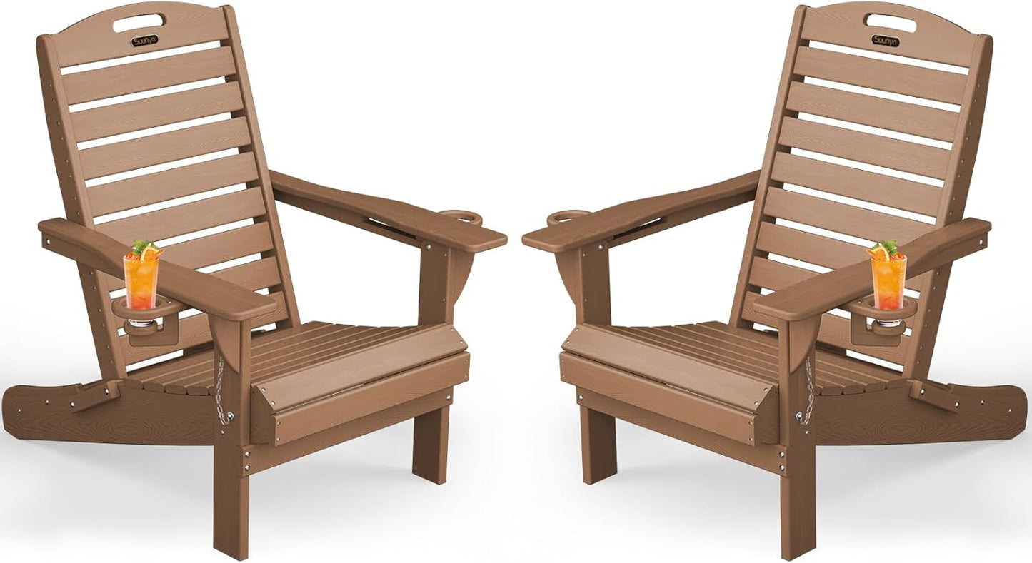 Adirondack Chair Folding HDPE Adirondack Chairs with Cup Holder, Outdoor Fire Pit Chairs All-Weather Lawn Chair for Deck Patio Garden (Grey)