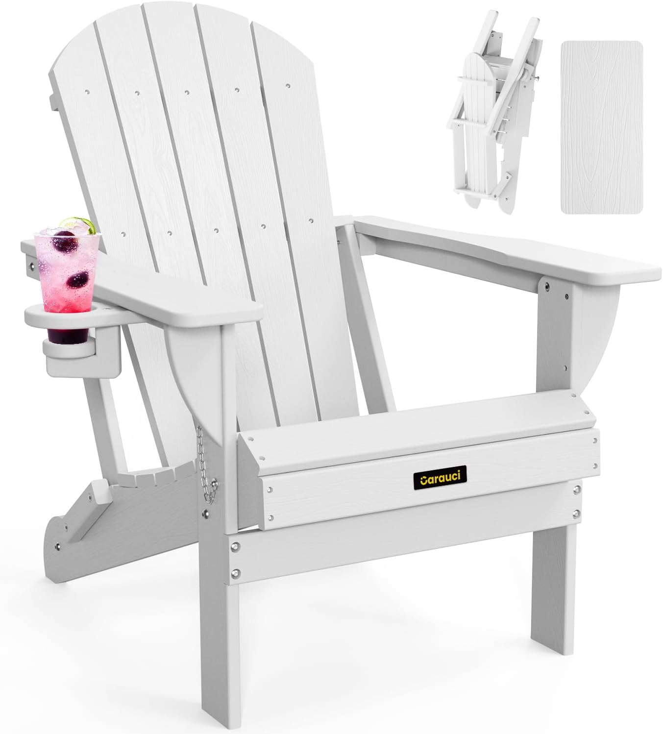 Plastic HDPE Adirondack Chair, Folding Adirondack Chair Weather Resistant with Cup Holder, Wooden Textured Fire Pit Outdoor Chair for Garden, Porch, Lawn, Backyard, Supports 380LBS, Black