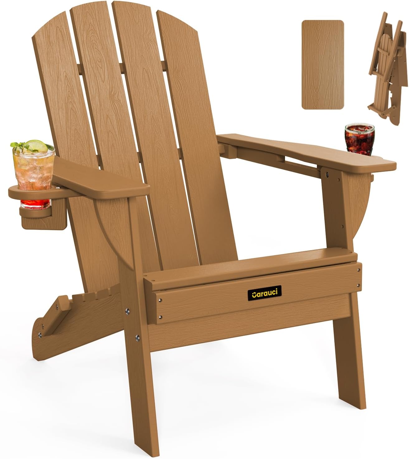 Plastic HDPE Adirondack Chair, Folding Adirondack Chair Weather Resistant with Cup Holder, Wooden Textured Fire Pit Outdoor Chair for Garden, Porch, Lawn, Backyard, Supports 380LBS, Black
