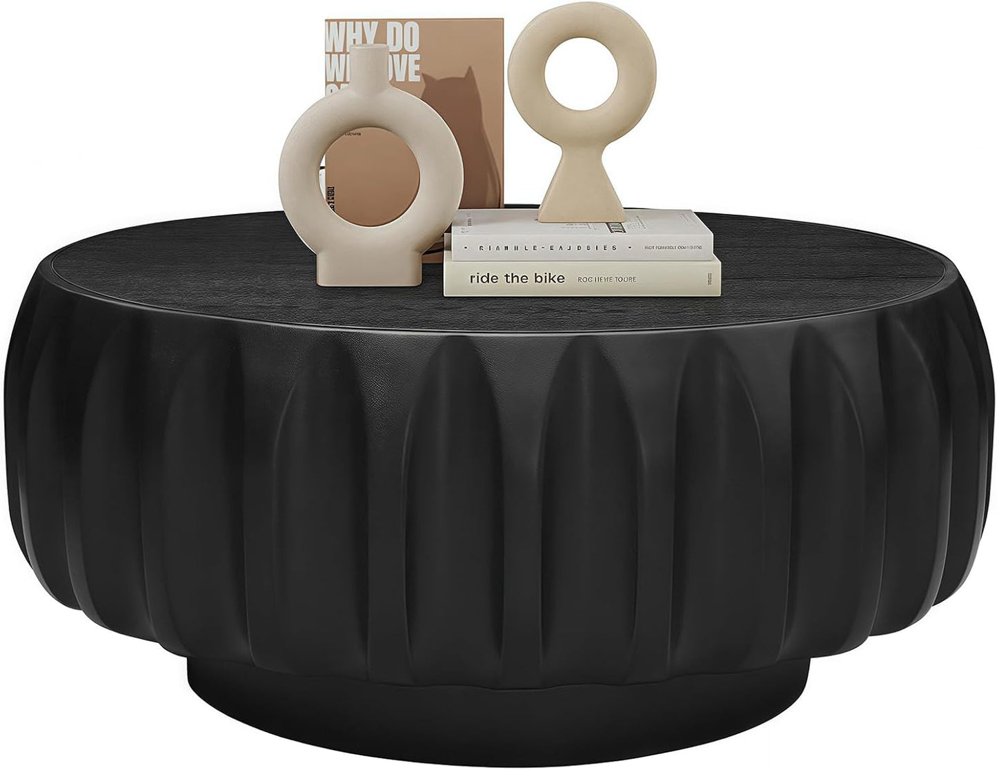 31.5" Drum Coffee Table Modern Unique Fluted Tea Table Contemporary Wood Round Coffee Table with Fluted Centry Table for Living Room Walnut