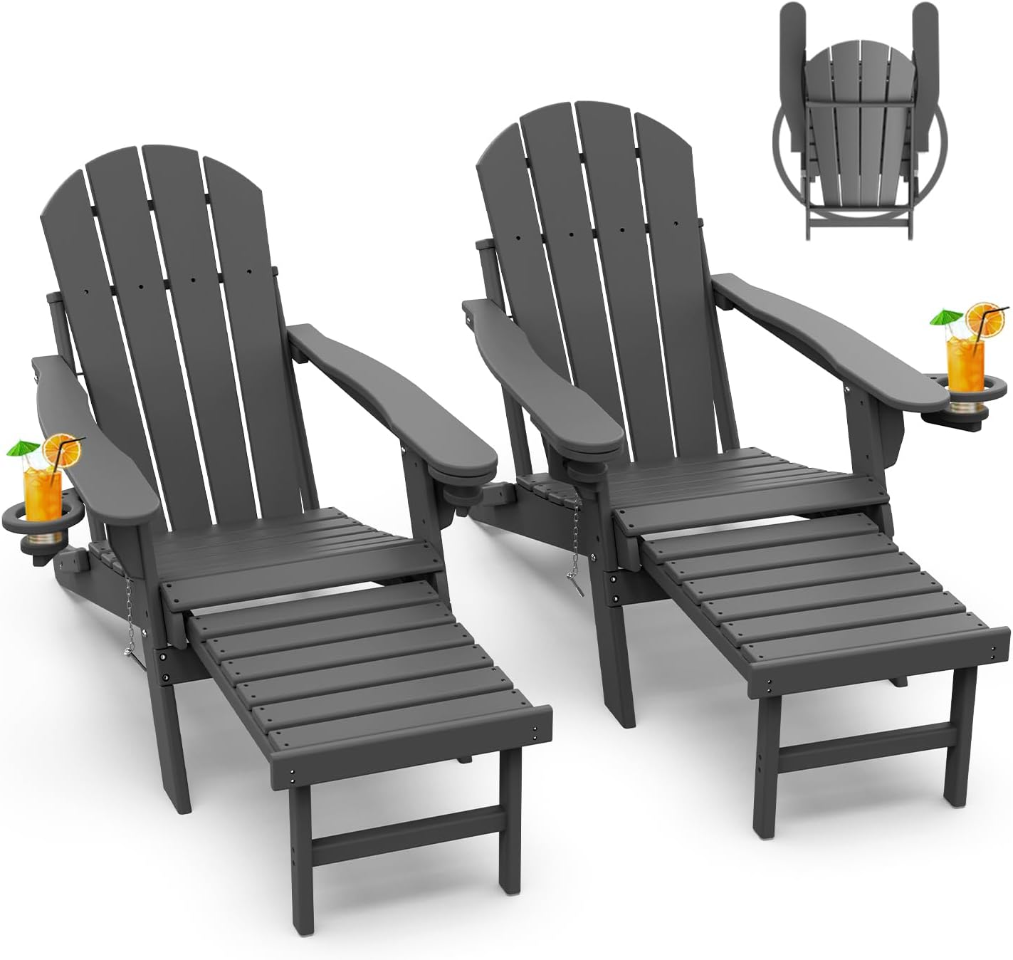 GREENVINES Adirondack-Chairs-with-Ottoman | Set of 2 | Folding | Retractable-Footrest | HDPE Plastic | All Weather Fire Pit Chair | Cup Holders | Blue | for Outdoor Poolside