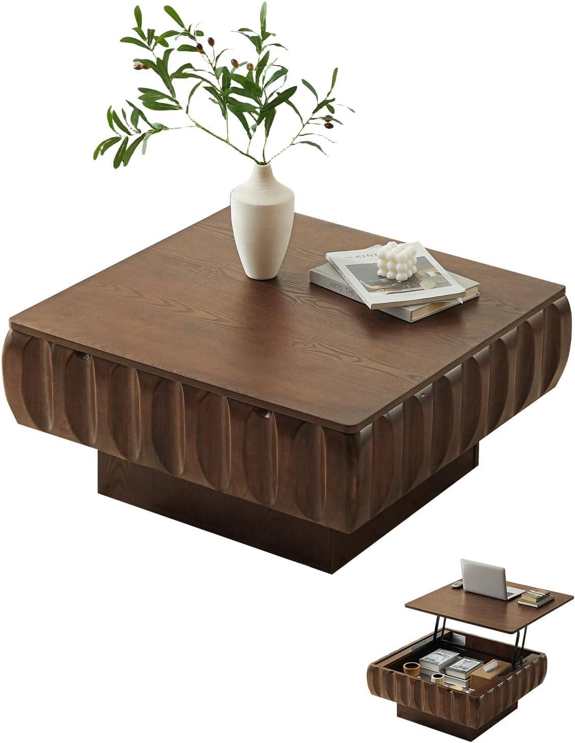 31.5" Drum Coffee Table Modern Unique Fluted Tea Table Contemporary Wood Round Coffee Table with Fluted Centry Table for Living Room Walnut