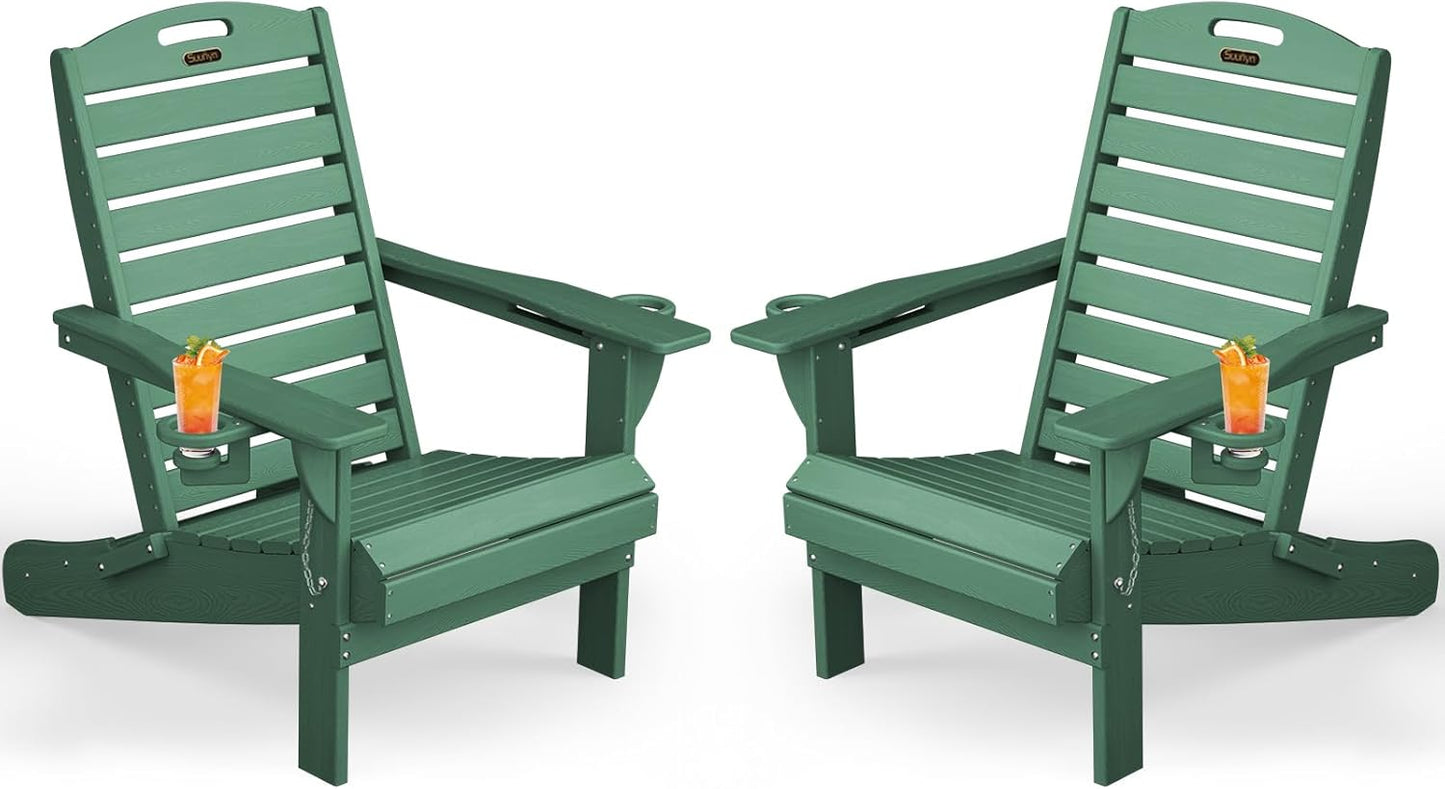 Adirondack Chair Folding HDPE Adirondack Chairs with Cup Holder, Outdoor Fire Pit Chairs All-Weather Lawn Chair for Deck Patio Garden (Grey)