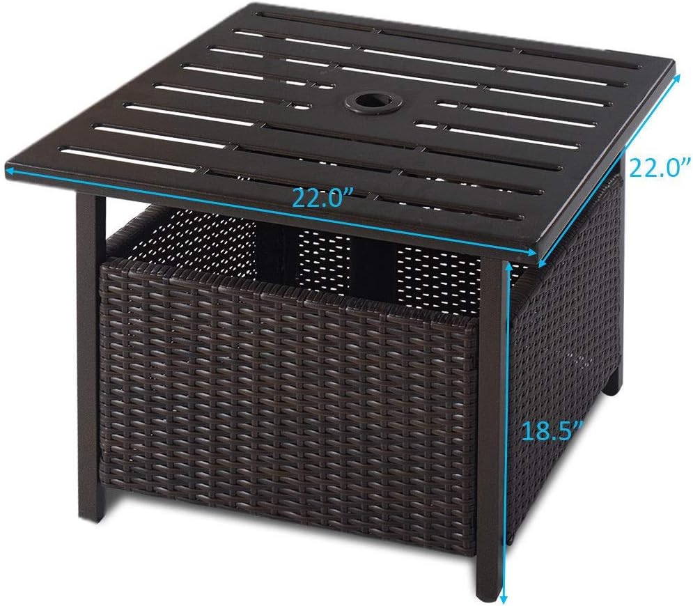 SPSUPE Brown Patio Rattan Umbrella Side Table, Steel Outdoor Furniture with Umbrella Hole, Deck Garden Pool Umbrella Side Table