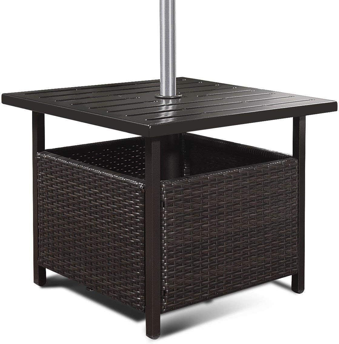 SPSUPE Brown Patio Rattan Umbrella Side Table, Steel Outdoor Furniture with Umbrella Hole, Deck Garden Pool Umbrella Side Table