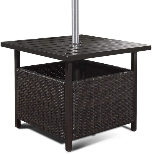 SPSUPE Brown Patio Rattan Umbrella Side Table, Steel Outdoor Furniture with Umbrella Hole, Deck Garden Pool Umbrella Side Table