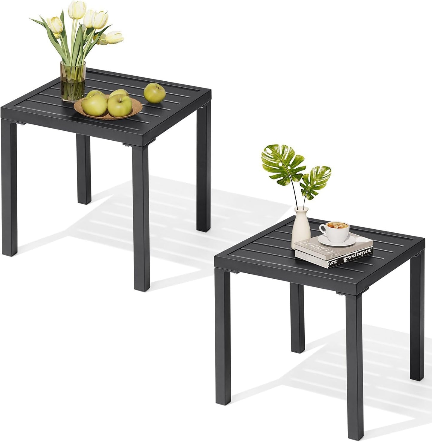 Crestlive Products Outdoor Side Table Set of 2 - Small Metal Square End Table - Easy to Assemble, Weather Resistant Ideal for Garden, Patio, Poolside, Beach, Balcony, Porch