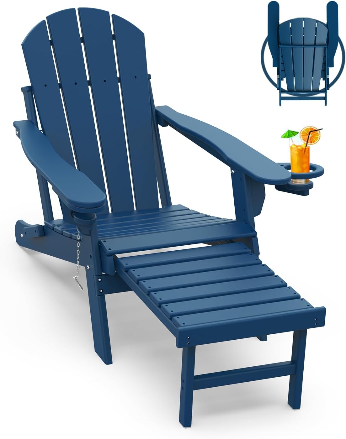 GREENVINES Adirondack-Chairs-with-Ottoman | Set of 2 | Folding | Retractable-Footrest | HDPE Plastic | All Weather Fire Pit Chair | Cup Holders | Blue | for Outdoor Poolside