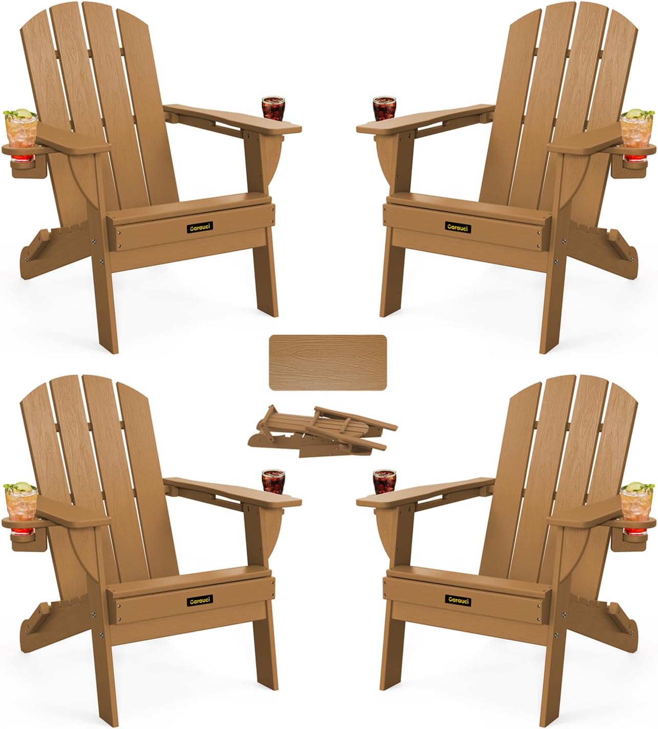 Plastic HDPE Adirondack Chair, Folding Adirondack Chair Weather Resistant with Cup Holder, Wooden Textured Fire Pit Outdoor Chair for Garden, Porch, Lawn, Backyard, Supports 380LBS, Black