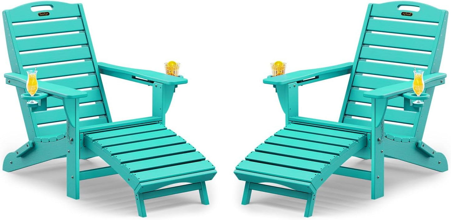 Folding Adirondack Chair with Retractable Ottoman Weather Resistant Fire Pit Chair Patio Chair with 2 Cup Holder Lawn Outdoor Lounge Chairs (Grey)