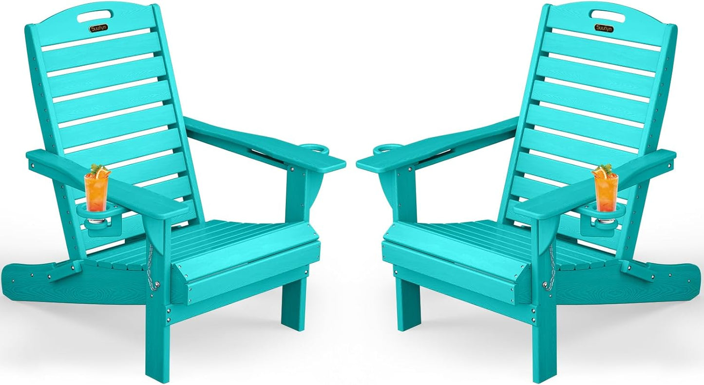 Adirondack Chair Folding HDPE Adirondack Chairs with Cup Holder, Outdoor Fire Pit Chairs All-Weather Lawn Chair for Deck Patio Garden (Grey)