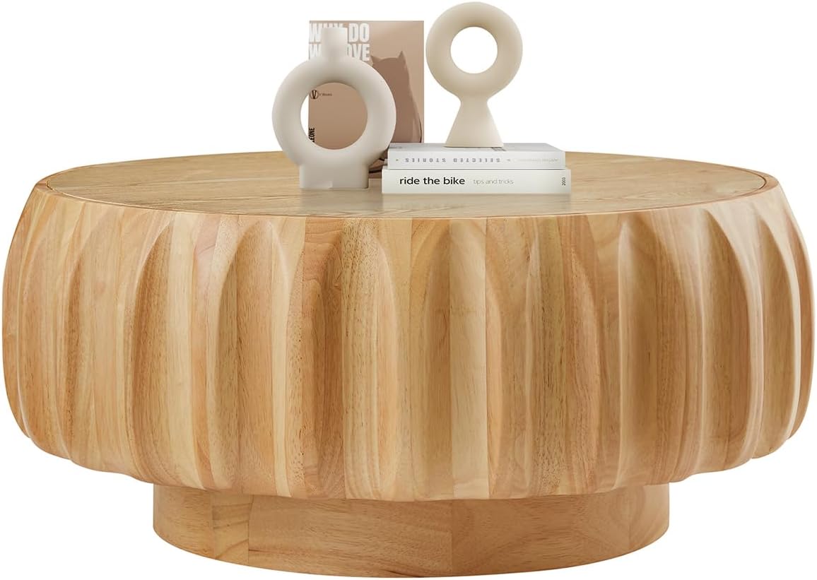31.5" Drum Coffee Table Modern Unique Fluted Tea Table Contemporary Wood Round Coffee Table with Fluted Centry Table for Living Room Walnut