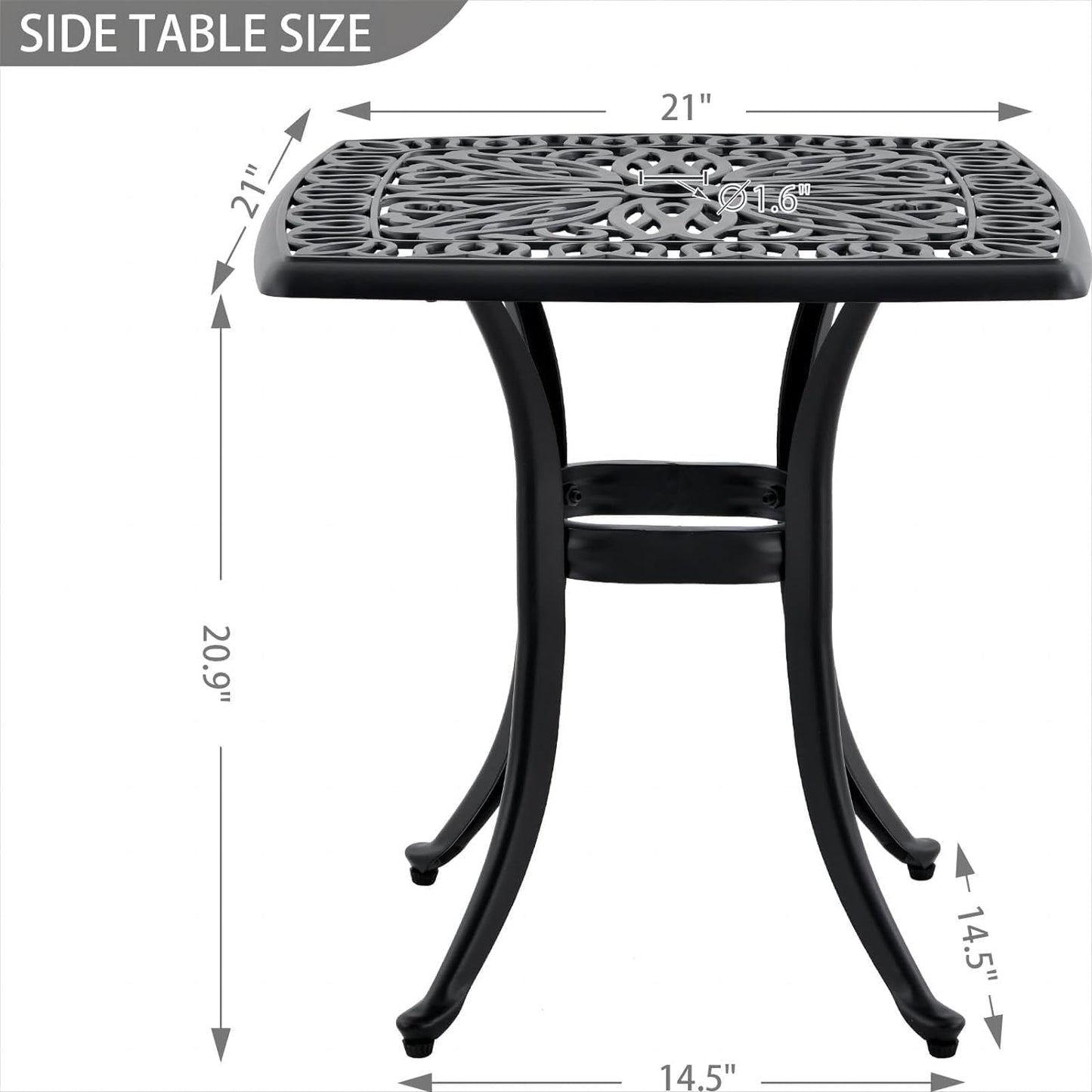 Outdoor 21" Cast Aluminum Square Side Table Set of 2 End Table for Patio, Backyard, Pool, Indoor Companion, Easy Maintenance and Weather Resistant, Black