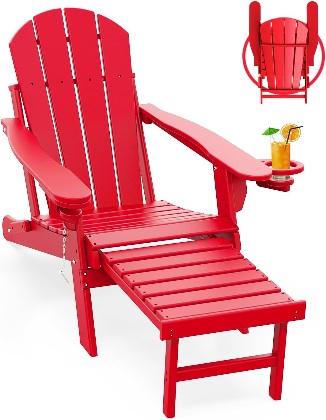 GREENVINES Adirondack-Chairs-with-Ottoman | Set of 2 | Folding | Retractable-Footrest | HDPE Plastic | All Weather Fire Pit Chair | Cup Holders | Blue | for Outdoor Poolside