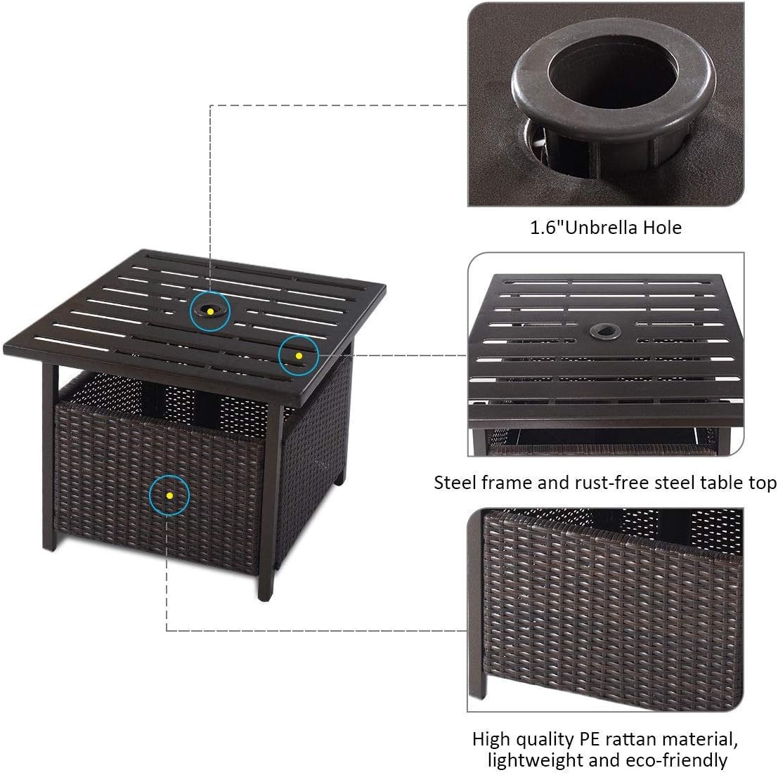 SPSUPE Brown Patio Rattan Umbrella Side Table, Steel Outdoor Furniture with Umbrella Hole, Deck Garden Pool Umbrella Side Table