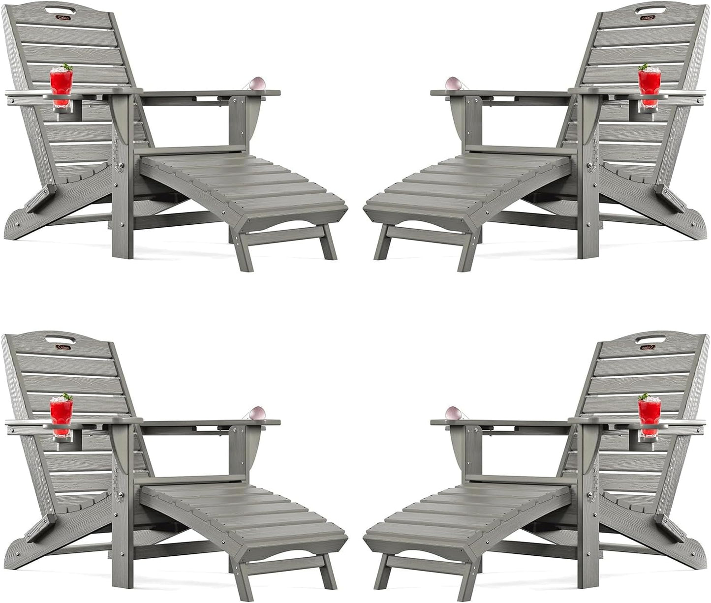 Ciokea Folding Adirondack Chair with Retractable Ottoman, Outdoor Fire Pit Chairs with Pull Out Foot Rest Weather Resistant Lawn Patio Chair with 2 Cup Holder (Gray)