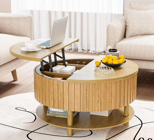 Round Lift Top Coffee Table with Storage, 31.5'' Modern 2-Tier Coffee Table with Hidden Storage and Open Shelf, Fluted Center Table for Living Room (Wood Color)