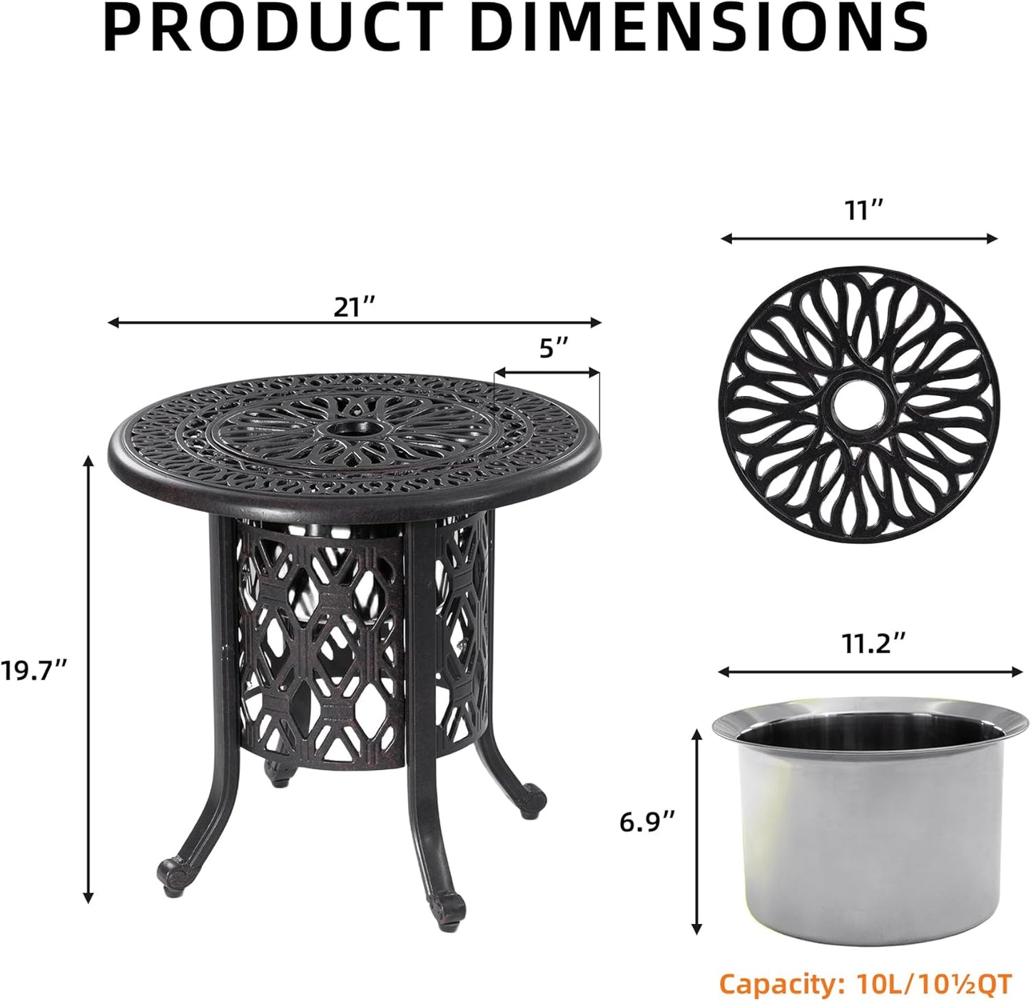 21" Outdoor Patio Round Side Table with 304 Stainless Steel Bucket, Cast Aluminum Outdoor Bistro Table with Umbrella Hole for Poolside, Deck, Backyard, Balcony