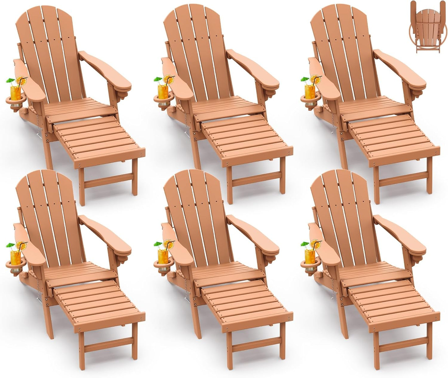 GREENVINES Adirondack-Chairs-with-Ottoman | Set of 2 | Folding | Retractable-Footrest | HDPE Plastic | All Weather Fire Pit Chair | Cup Holders | Blue | for Outdoor Poolside