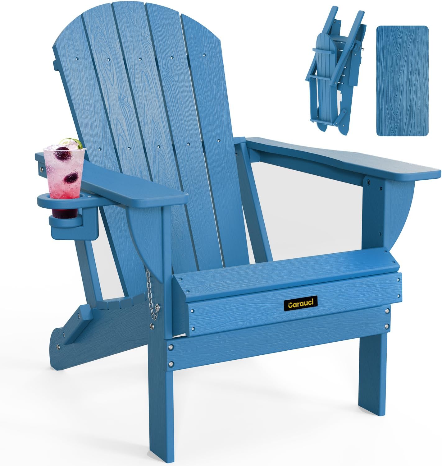 Plastic HDPE Adirondack Chair, Folding Adirondack Chair Weather Resistant with Cup Holder, Wooden Textured Fire Pit Outdoor Chair for Garden, Porch, Lawn, Backyard, Supports 380LBS, Black