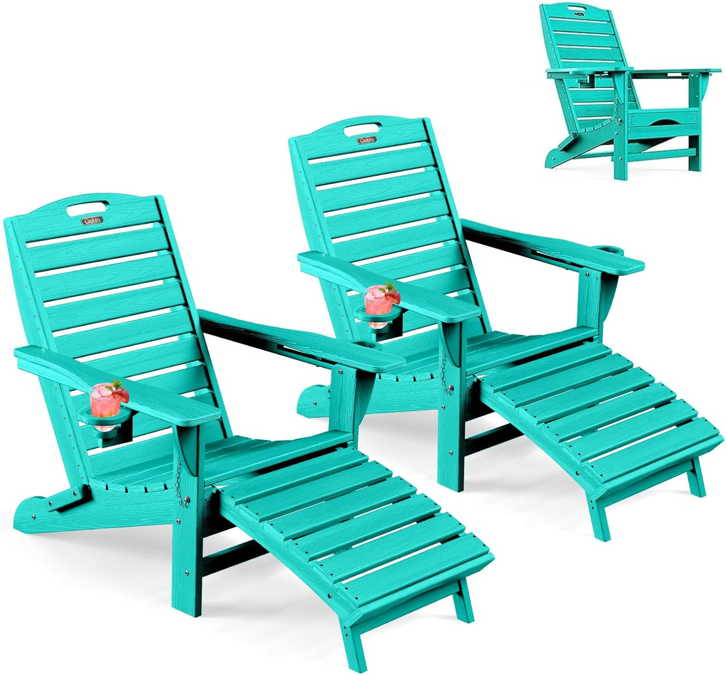 Ciokea Folding Adirondack Chair with Retractable Ottoman, Outdoor Fire Pit Chairs with Pull Out Foot Rest Weather Resistant Lawn Patio Chair with 2 Cup Holder (Gray)