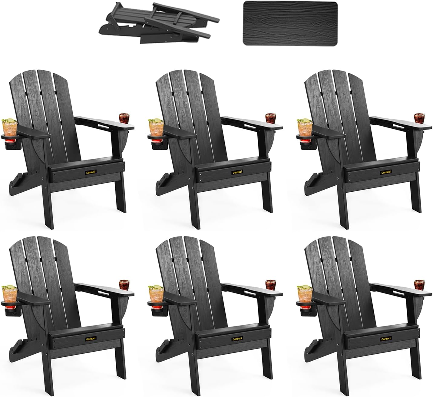 Plastic HDPE Adirondack Chair, Folding Adirondack Chair Weather Resistant with Cup Holder, Wooden Textured Fire Pit Outdoor Chair for Garden, Porch, Lawn, Backyard, Supports 380LBS, Black