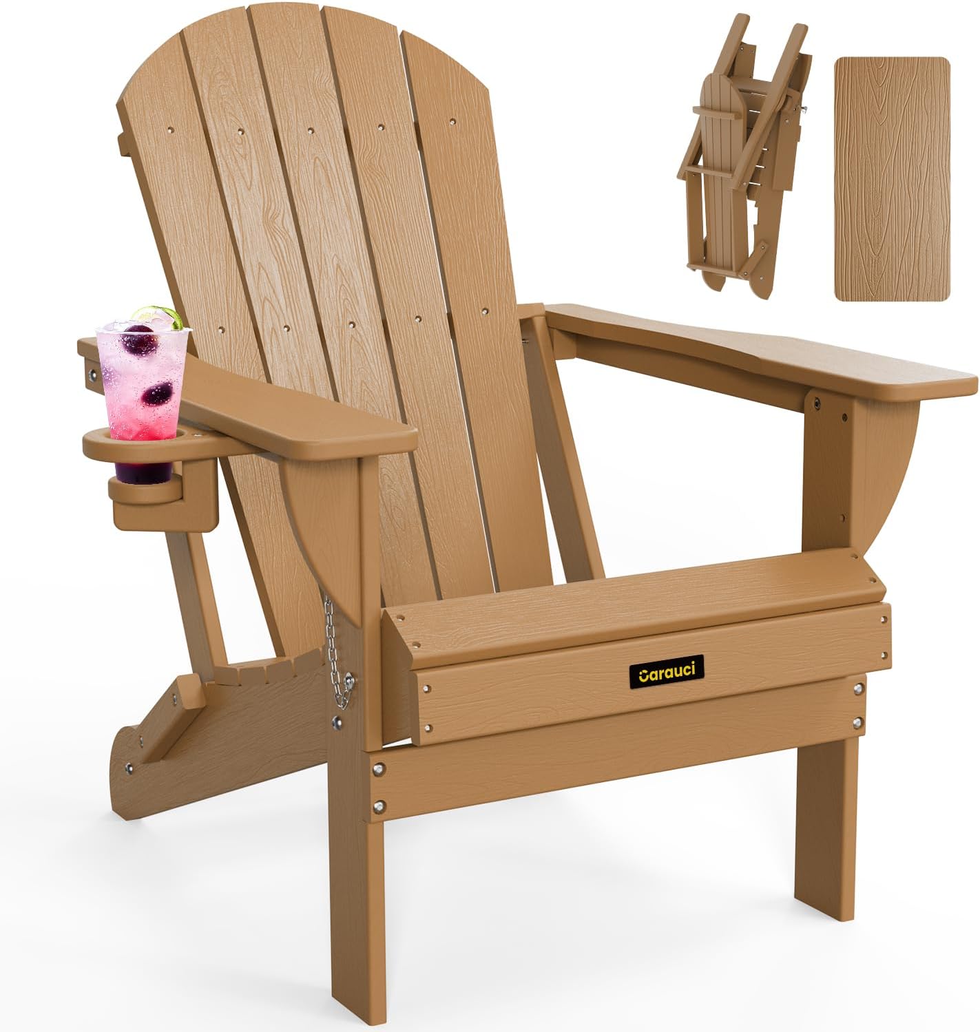 Plastic HDPE Adirondack Chair, Folding Adirondack Chair Weather Resistant with Cup Holder, Wooden Textured Fire Pit Outdoor Chair for Garden, Porch, Lawn, Backyard, Supports 380LBS, Black
