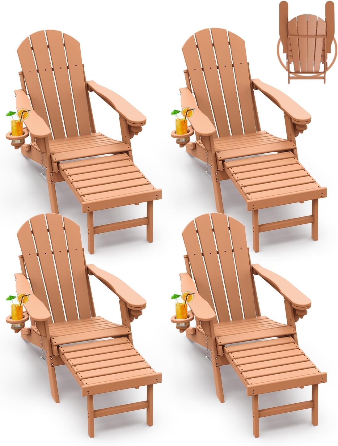 GREENVINES Adirondack-Chairs-with-Ottoman | Set of 2 | Folding | Retractable-Footrest | HDPE Plastic | All Weather Fire Pit Chair | Cup Holders | Blue | for Outdoor Poolside