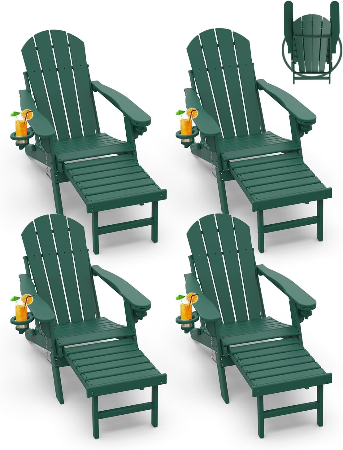 GREENVINES Adirondack-Chairs-with-Ottoman | Set of 2 | Folding | Retractable-Footrest | HDPE Plastic | All Weather Fire Pit Chair | Cup Holders | Blue | for Outdoor Poolside
