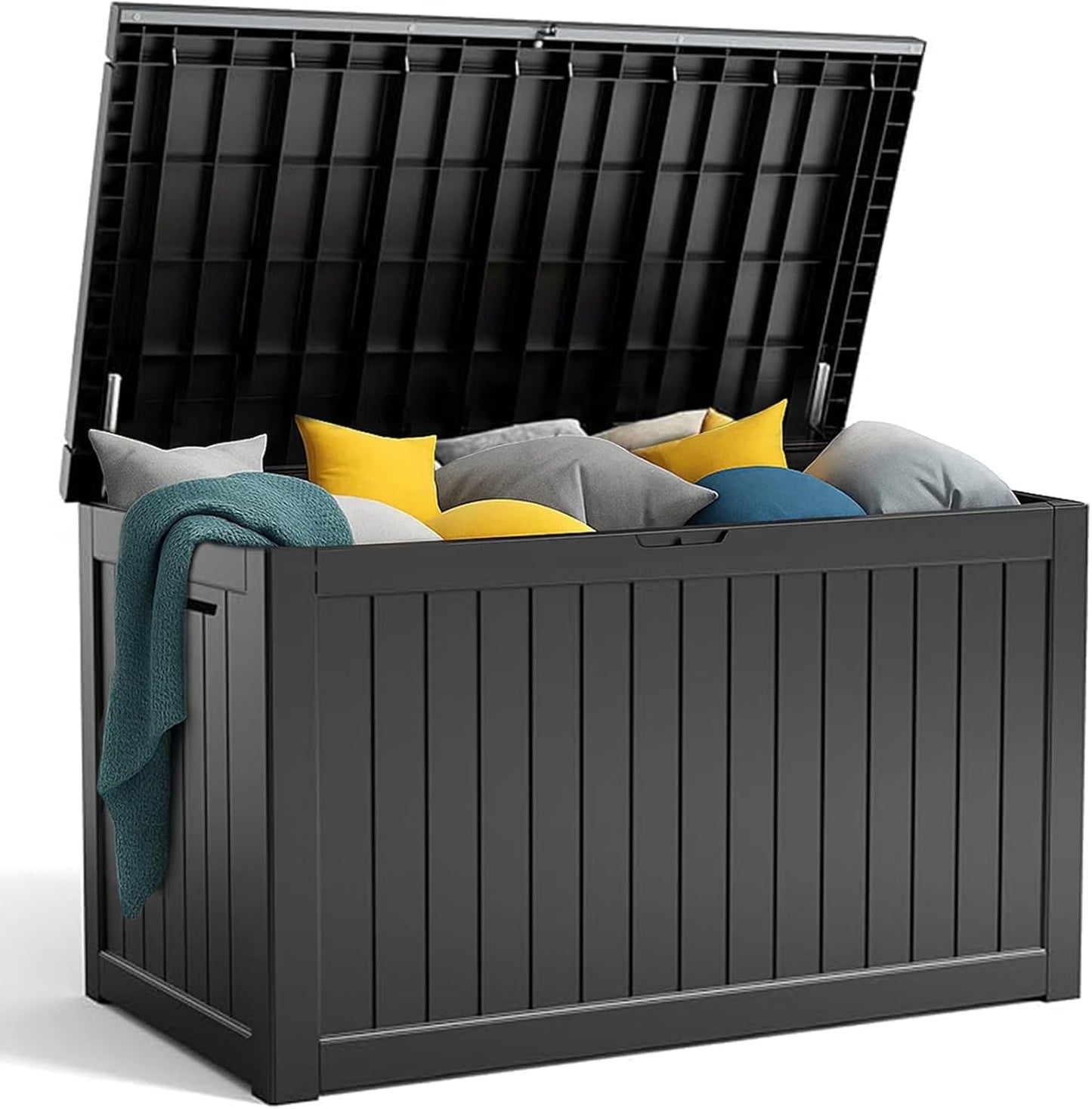 100 Gallon Resin Deck Box, Lockable Patio Outdoor Storage Box for Furniture, Garden Tools and Tools Storage, Waterproof Outside Storage Boxes - Black