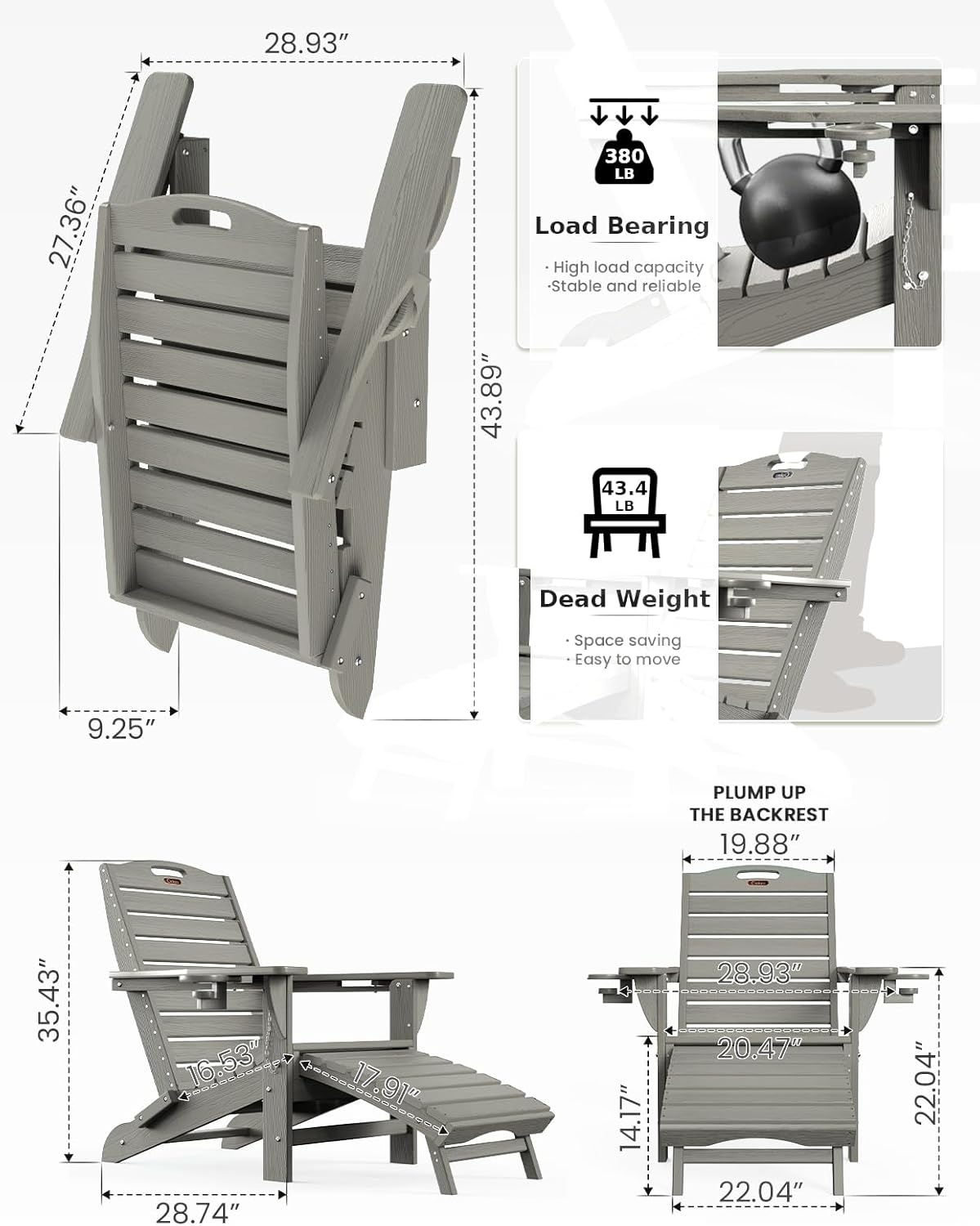 Ciokea Folding Adirondack Chair with Retractable Ottoman, Outdoor Fire Pit Chairs with Pull Out Foot Rest Weather Resistant Lawn Patio Chair with 2 Cup Holder (Gray)