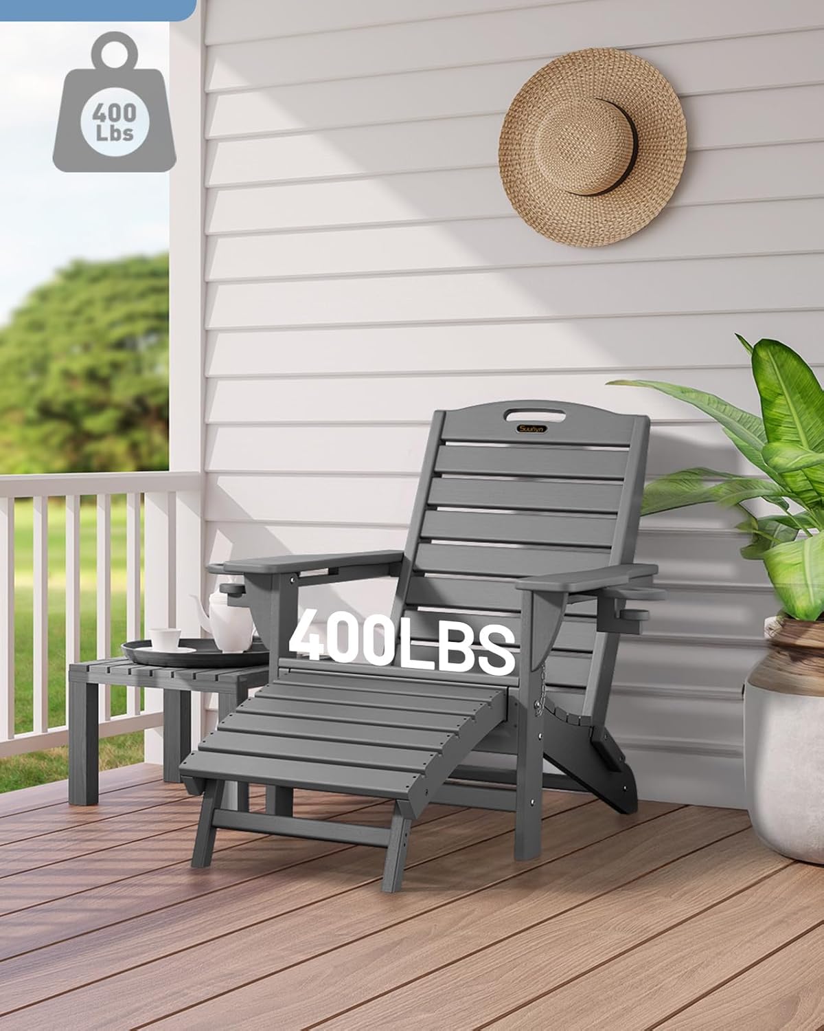 Folding Adirondack Chair with Retractable Ottoman Weather Resistant Fire Pit Chair Patio Chair with 2 Cup Holder Lawn Outdoor Lounge Chairs (Grey)