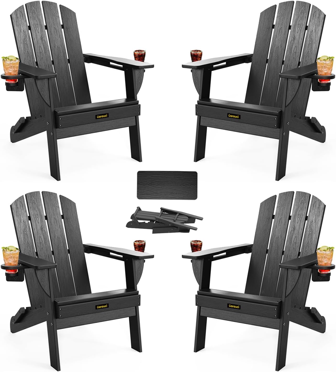 Plastic HDPE Adirondack Chair, Folding Adirondack Chair Weather Resistant with Cup Holder, Wooden Textured Fire Pit Outdoor Chair for Garden, Porch, Lawn, Backyard, Supports 380LBS, Black