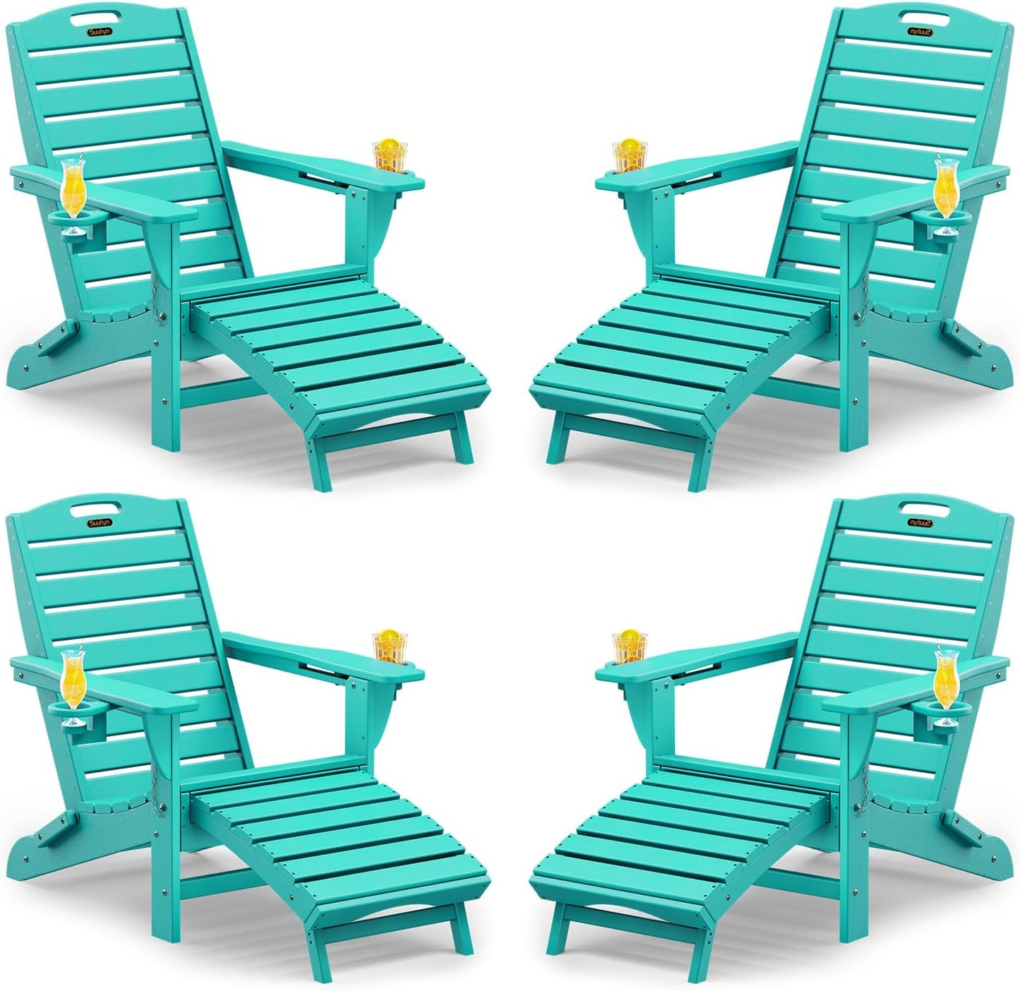 Folding Adirondack Chair with Retractable Ottoman Weather Resistant Fire Pit Chair Patio Chair with 2 Cup Holder Lawn Outdoor Lounge Chairs (Grey)