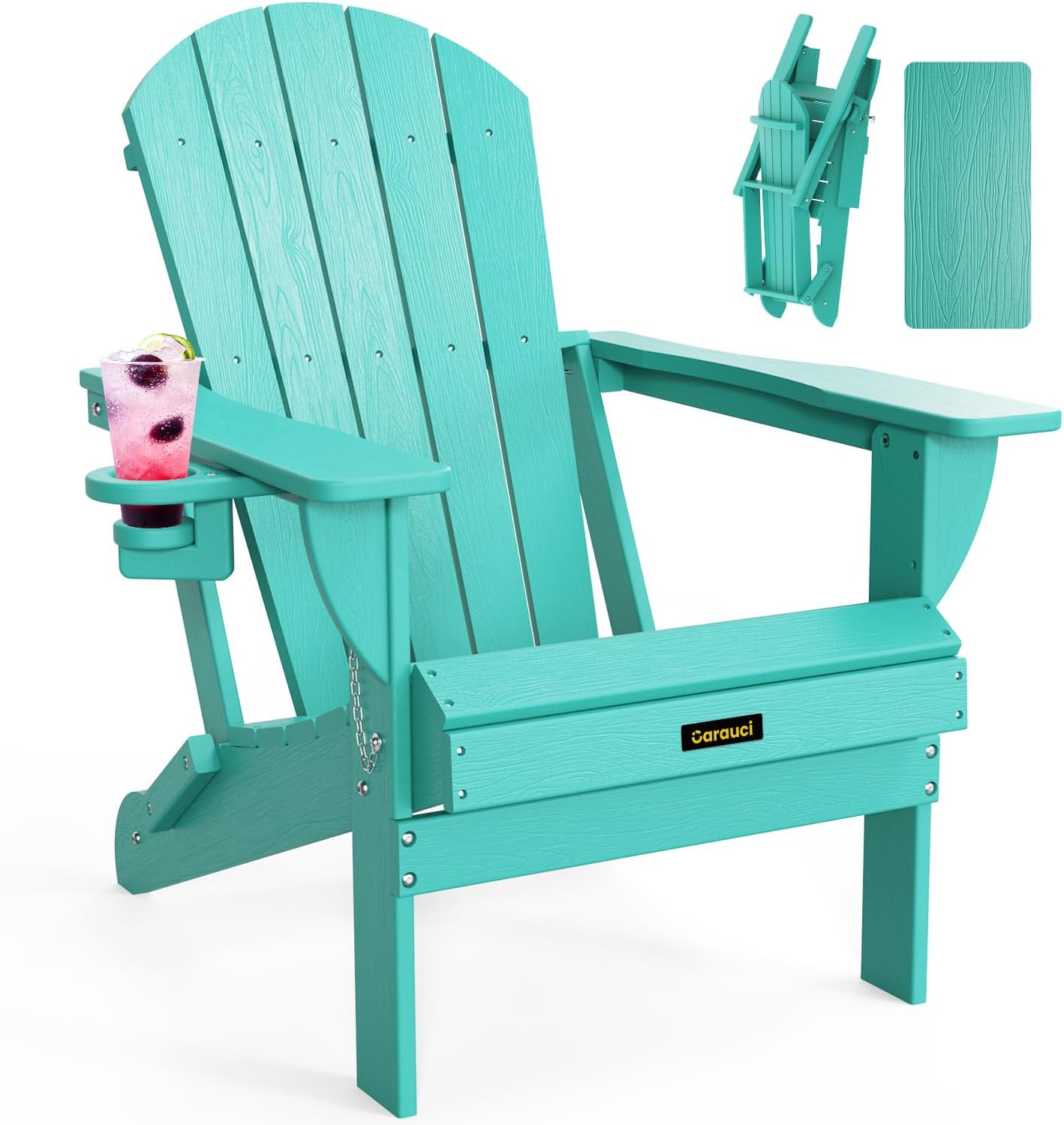 Plastic HDPE Adirondack Chair, Folding Adirondack Chair Weather Resistant with Cup Holder, Wooden Textured Fire Pit Outdoor Chair for Garden, Porch, Lawn, Backyard, Supports 380LBS, Black