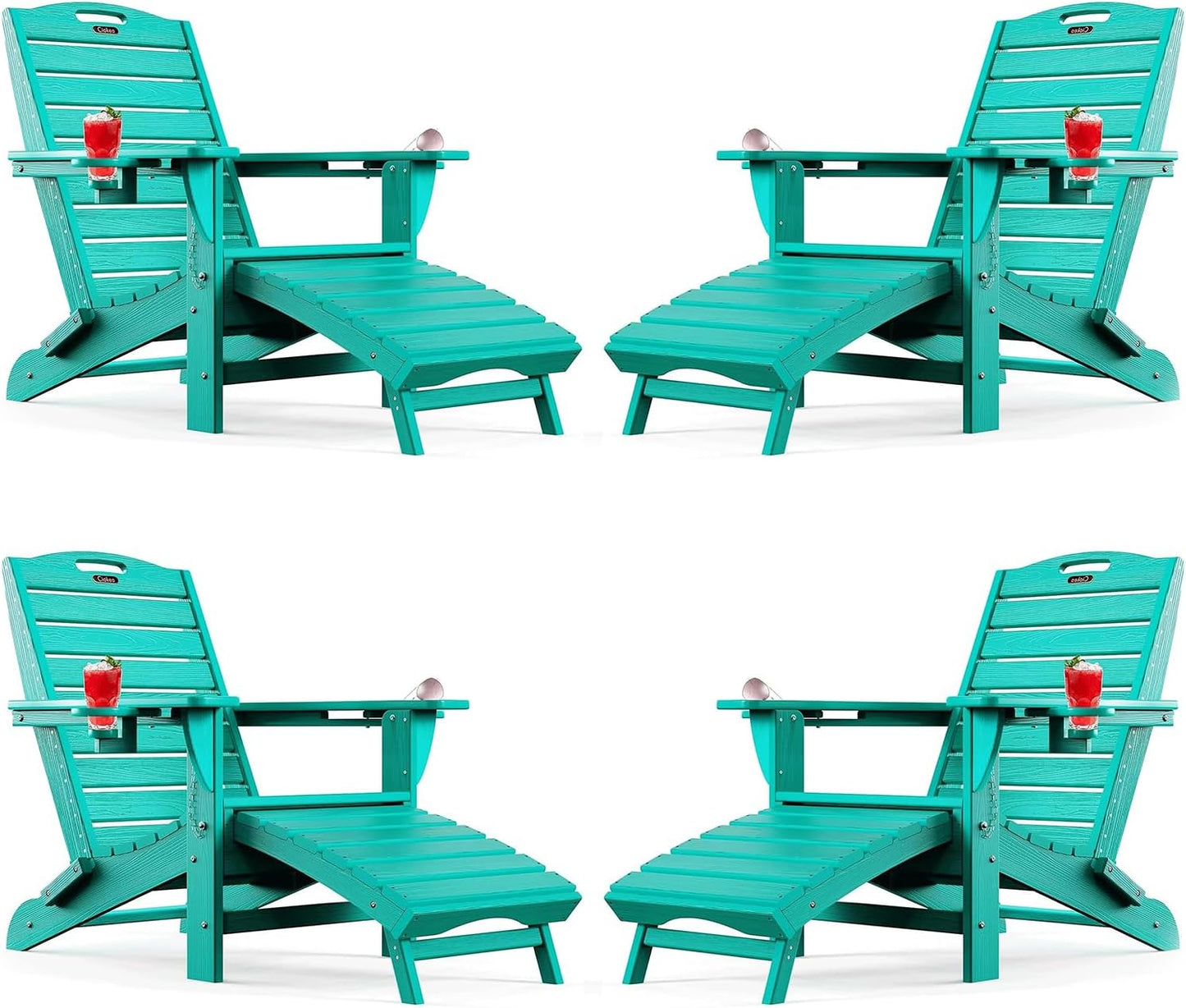Ciokea Folding Adirondack Chair with Retractable Ottoman, Outdoor Fire Pit Chairs with Pull Out Foot Rest Weather Resistant Lawn Patio Chair with 2 Cup Holder (Gray)